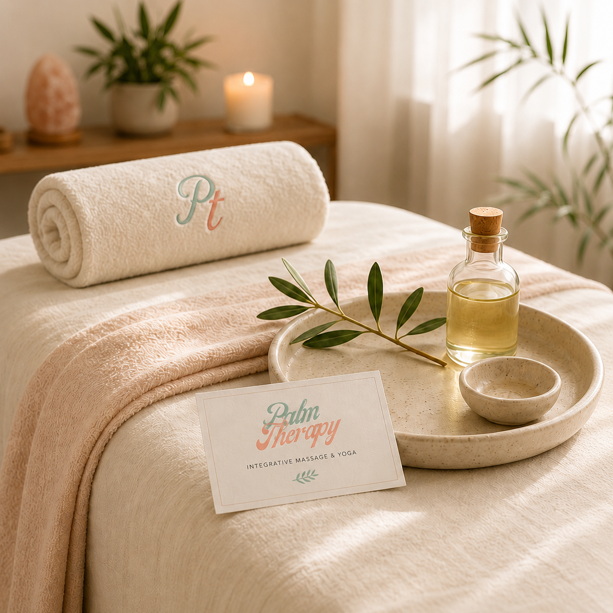 Palm Therapy massage table set with a rolled towel, branded card, olive sprig, and a bottle of oil